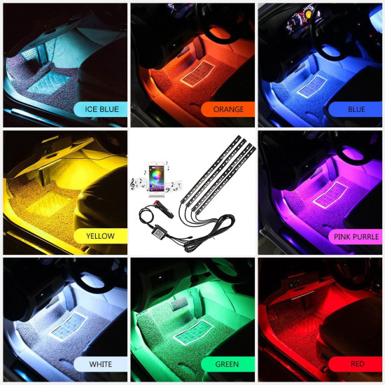 Car LED Strip Lights 4pcs 72 LED RGB Music App Bluetooth Controller Interior Waterproof Under Dash Lights Kit for any Phone
